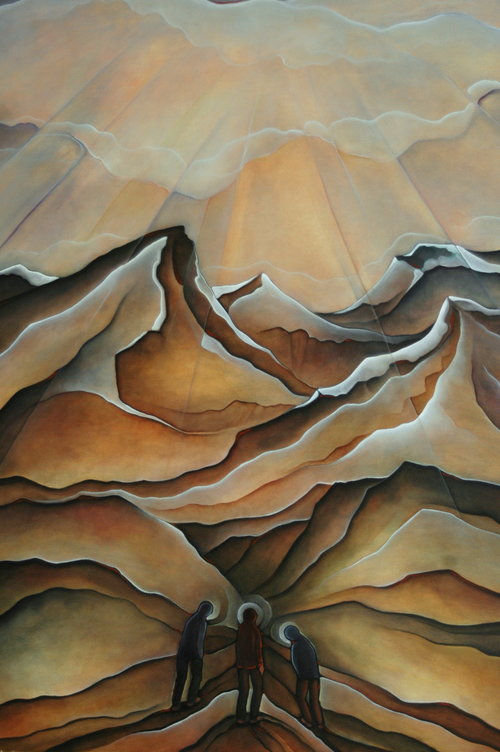 painting of three people climbing up a mountain